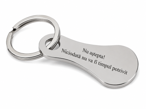 Breloc - Breloc metalic gravat "Nu astepta! Niciodata nu va fi timpul potrivit", argintiu, accesoriu pentru chei, geanta si rucsac, cadou motivational