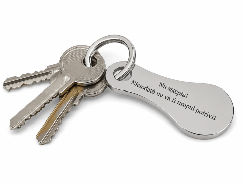 Breloc metalic gravat "Nu astepta! Niciodata nu va fi timpul potrivit", argintiu, accesoriu pentru chei, geanta si rucsac, cadou motivational [3]