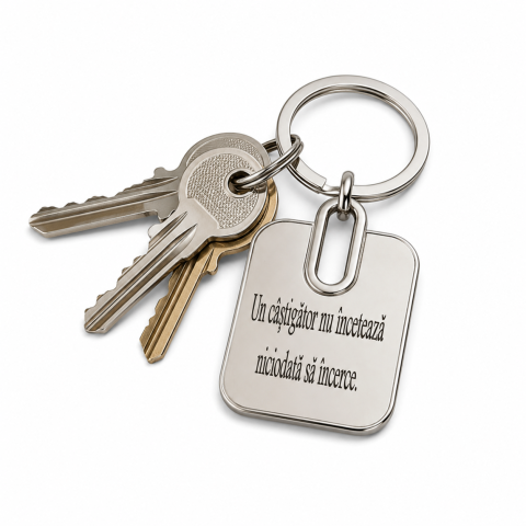 Breloc metalic gravat "Un castigator nu inceteaza niciodata sa incerce.", accesoriu elegant pentru chei, geanta sau rucsac, livrat in cutie cadou premium [3]