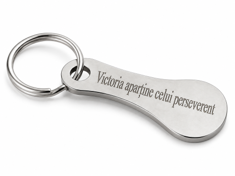 Breloc - Breloc metalic gravat "Victoria apartine celui perseverent", argintiu, accesoriu pentru chei, geanta, rucsac si portofel, cadou motivational