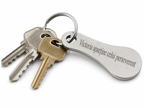 Breloc metalic gravat "Victoria apartine celui perseverent", argintiu, accesoriu pentru chei, geanta, rucsac si portofel, cadou motivational [2]