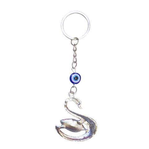 Breloc metalic, model de lebada si ochi al protectiei, decorat cu piatra colorata, inox, argintiu [1]
