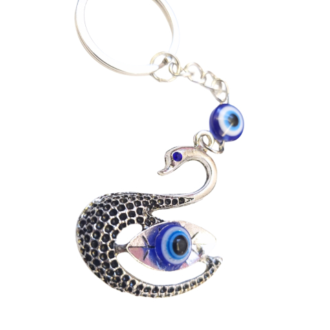 Breloc metalic, model de lebada si ochi al protectiei, decorat cu piatra colorata, inox, argintiu [2]