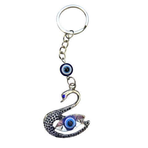 Breloc - Breloc metalic, model de lebada si ochi al protectiei, decorat cu piatra colorata, inox, argintiu