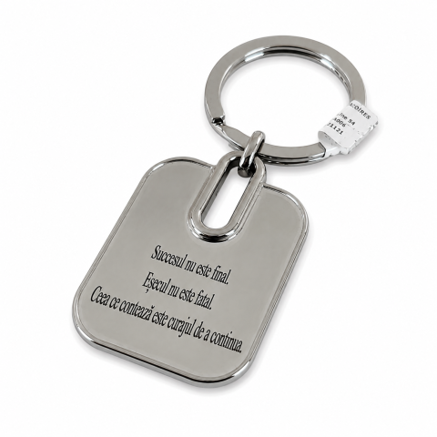 Breloc - Breloc metalic motivational cu mesaj gravat "Succesul nu este final. Esecul nu este fatal. Ceea ce conteaza este curajul de a continua.", argintiu, cu cutie eleganta pentru cadou