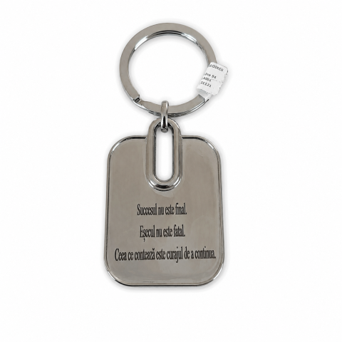Breloc metalic motivational cu mesaj gravat "Succesul nu este final. Esecul nu este fatal. Ceea ce conteaza este curajul de a continua.", argintiu, cu cutie eleganta pentru cadou [5]
