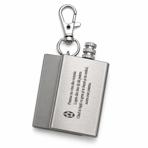 Breloc metalic multifunctional gravat "Puterea nu vine din victorie. Luptele din tine iti dau putere.", cu rezervor pentru combustibil si fitil, argintiu, accesoriu EDC pentru camping, drumetii, chei [3]