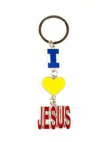 Breloc - Breloc metalic tricolor si mesaj I Love Jesus, 11 x 3 cm