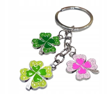 CASA & GRADINA - Breloc metalic trifoi norocos 3 pandantive, accesoriu chei, amuleta noroc, multicolor, 11 cm