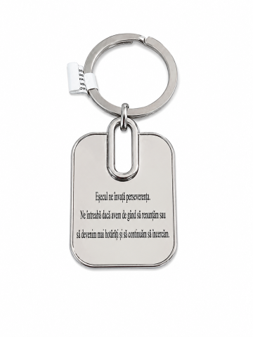 Breloc - Breloc motivational cu mesaj gravat "Esecul ne invata perseverenta. Ne intreaba daca avem de gand sa renuntam sau sa devenim mai hotarati si sa continuam sa incercam.", metal argintiu, cutie eleganta