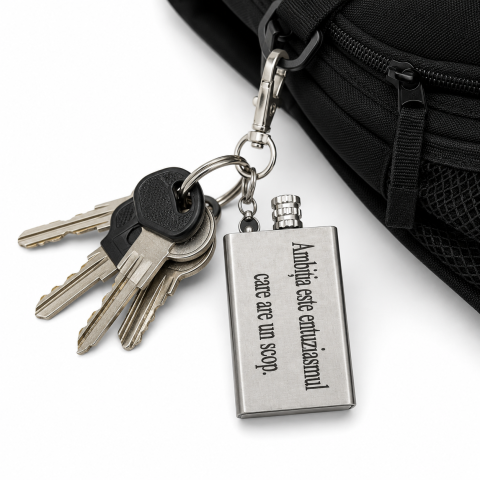Breloc multifunctional din metal gravat "Ambitia este entuziasmul care are un scop.", cu rezervor reincarcabil si fitil, accesoriu EDC pentru camping, drumetii, chei si rucsac [1]