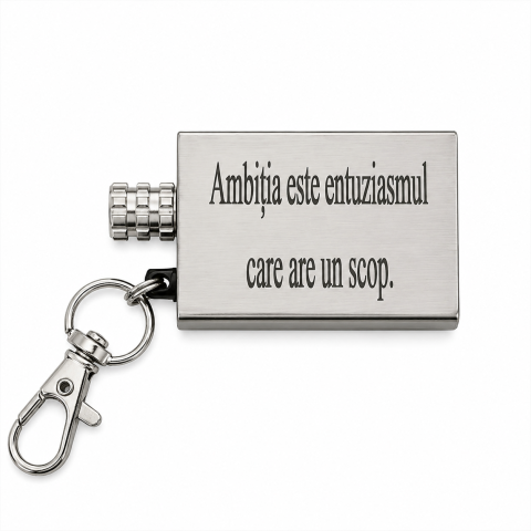 CASA & GRADINA - Breloc multifunctional din metal gravat "Ambitia este entuziasmul care are un scop.", cu rezervor reincarcabil si fitil, accesoriu EDC pentru camping, drumetii, chei si rucsac