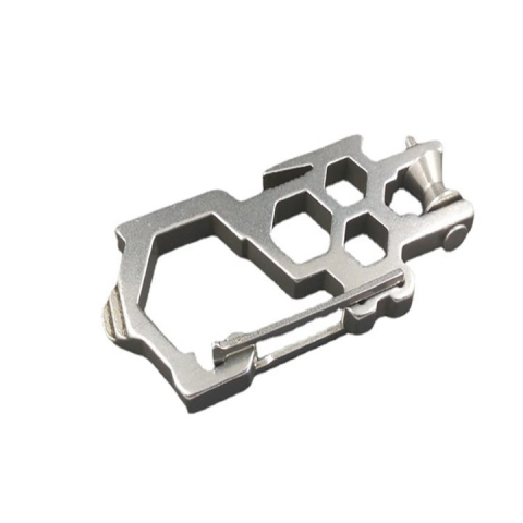 Camping - Breloc multifunctional, tip carabina, otel inoxidabil, 9 x 3.8 x 0.6 cm, argintiu
