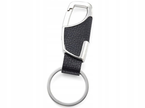 Breloc - Breloc pentru chei, negru cu argintiu 8 x 2 cm, carabina metalica cu inchidere, insertie aspect piele si inel rotund pentru chei auto, casa sau birou