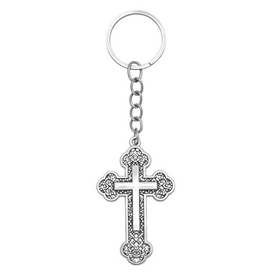 CASA & GRADINA - Breloc religios argintiu 10,5 cm cu cruce 5,4 x 3,3 cm, metal filigranat antichizat, port chei pentru femei si barbati sau marturii botez