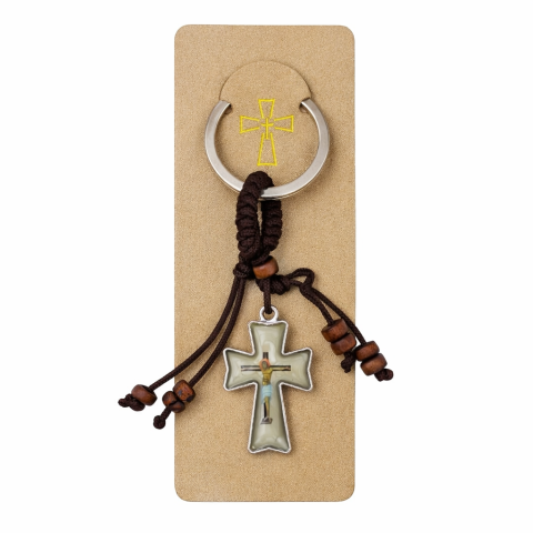 CASA & GRADINA - Breloc religios cu cruce si figurina Isus, accesoriu crestin cu snur textil si margele din lemn, breloc pentru chei sau rucsac