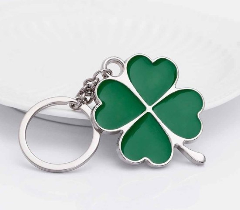 Breloc trifoi cu patru foi verde, metalic, 10.5 cm, inel 2.5 cm, simbol noroc, accesoriu chei [2]
