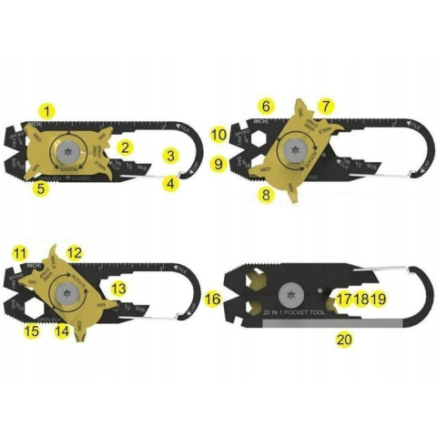 Breloc unealta multifunctionala 20 in 1, din otel inoxidabil, design tip carabina, 8 x 2.5 cm – instrument compact pentru uz zilnic, camping, drumetii si reparatii [6]