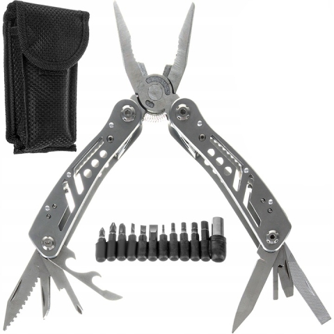 Diverse camping - Briceag metalic multifunctional 13 in 1, otel inoxidabil, cu 11 biti si husa de depozitare, pentru camping, pescuit si drumetii