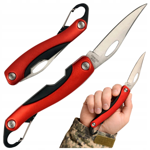 Briceag pliabil, cu carabina, camping, drumetii, supravietuire, 19 cm, lama otel inoxidabil, rosu/negru [7]