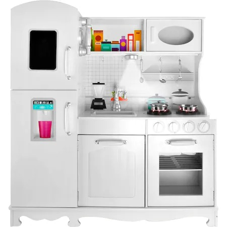 Jucării Interactive - Bucatarie din lemn pentru copii 91x102 cm,2 becuri LED,accesorii incluse - Alb