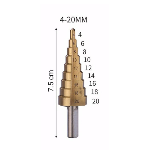 Burghiu conic in trepte 4-20 mm, 9 trepte, HSS 4241 acoperire titan, pentru metal, aluminiu, lemn si plastic, gaurire precisa si debavurare [2]