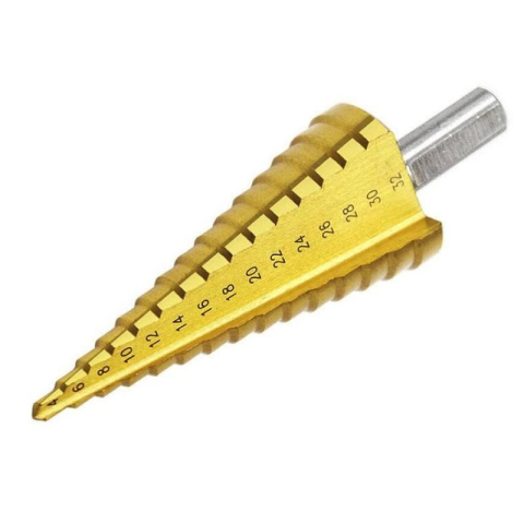 CASA & GRADINA - Burghiu conic in trepte 4-32 mm, 15 trepte, HSS 4241 acoperire titan, pentru metal, aluminiu, lemn, plastic si alama, gaurire precisa si debavurare