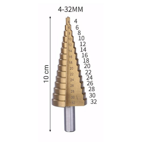 Burghiu conic in trepte 4-32 mm, 15 trepte, HSS 4241 acoperire titan, pentru metal, aluminiu, lemn, plastic si alama, gaurire precisa si debavurare [1]