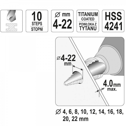 Burghiu in trepte 4-22 mm, Yato, auriu [2]