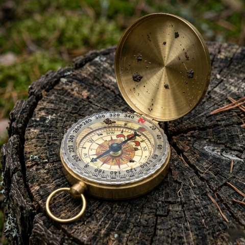 Busola din alama vintage aurie cu capac oglinda, fosforescenta, diametru 4.9 cm, cu inel pentru agatare [4]