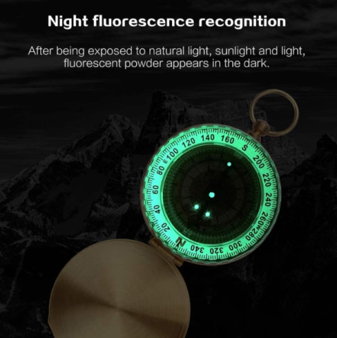 Busola din alama vintage aurie cu capac oglinda, fosforescenta, diametru 4.9 cm, cu inel pentru agatare [3]