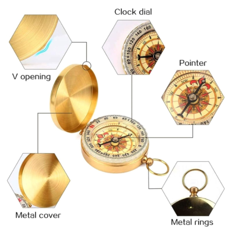 Busola din alama vintage aurie cu capac oglinda, fosforescenta, diametru 4.9 cm, cu inel pentru agatare [2]