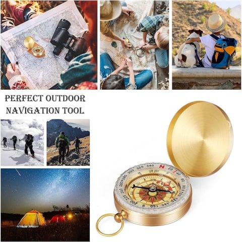 Busola portabila cupru rotire 360°, impermeabila, functie fluorescenta, design retro breloc, pentru camping drumetii si orientare, aurie [5]