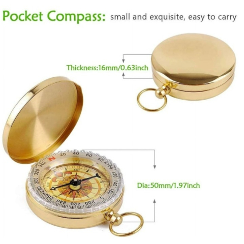 Busola portabila cupru rotire 360°, impermeabila, functie fluorescenta, design retro breloc, pentru camping drumetii si orientare, aurie [6]