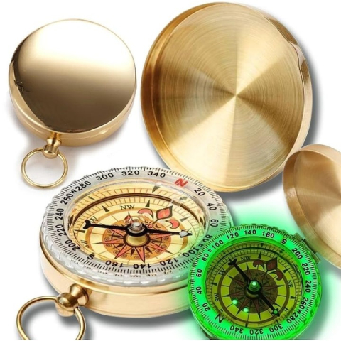 SPORT ȘI ACTIVITĂȚI - Busola portabila cupru rotire 360°, impermeabila, functie fluorescenta, design retro breloc, pentru camping drumetii si orientare, aurie