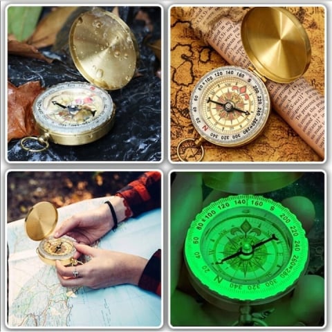 Busola portabila cupru rotire 360°, impermeabila, functie fluorescenta, design retro breloc, pentru camping drumetii si orientare, aurie [8]