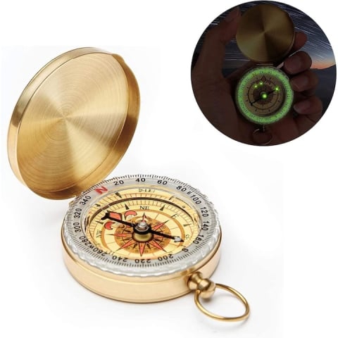 Busola portabila cupru rotire 360°, impermeabila, functie fluorescenta, design retro breloc, pentru camping drumetii si orientare, aurie [2]
