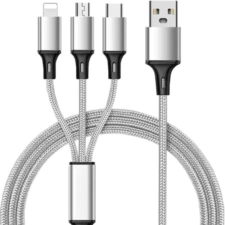 Cabluri USB - Cablu incarcare rapida telefon 3in1,micro USB,type C,iphone,lungime 115 cm - Gri