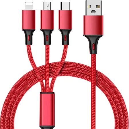 Cabluri USB - Cablu incarcare rapida telefon 3in1,micro USB,type C,iphone,lungime 115 cm - Rosu
