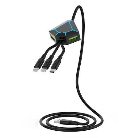 Cabluri USB - Cablu de incarcare telefon 5in1 cu micro USB,type C,iphone si 2x USB - Negru