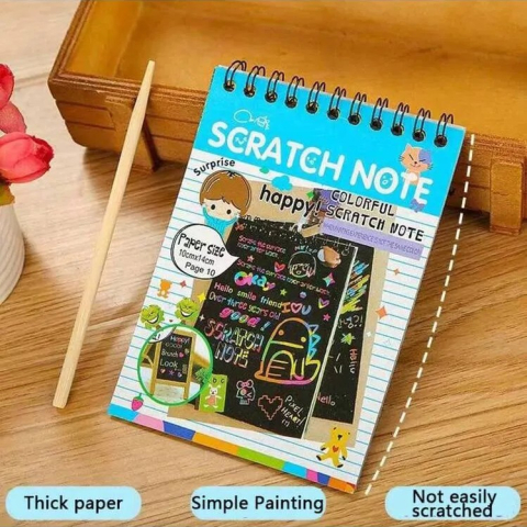 Caiet creativ bleu 14.2 x 9.8 cm, Scratch Art Rainbow, 12 file razuibile, cartoane negre, creion din lemn inclus pentru desen si joaca [8]
