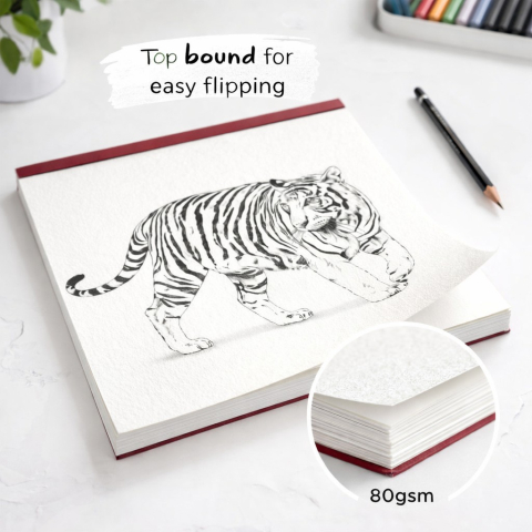 Caiet pentru schite cu tema animale, 50 file, hartie 80 g/mp, 28 x 35,5 cm, coperta carton visinie, Perfect Bound, pentru desen si ilustratii [1]