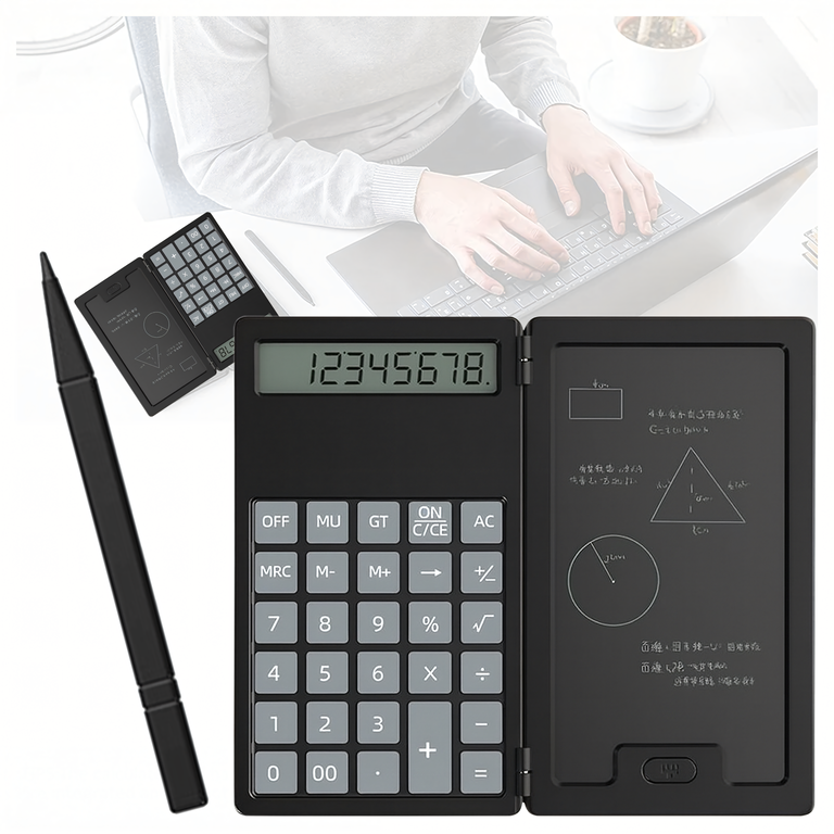 Calculator negru 5 inch cu tableta LCD de scris, stylus inclus, design pliabil 2 in 1, compact pentru scoala, birou si calcule rapide [9]