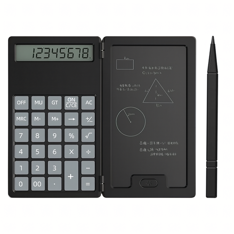 Diverse accesorii papetarie - Calculator negru 5 inch cu tableta LCD de scris, stylus inclus, design pliabil 2 in 1, compact pentru scoala, birou si calcule rapide