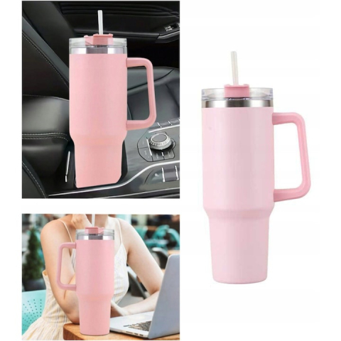 Cana termos, cu pai, otel inoxidabil, plastic fara BPA, 1200 ml, pentru bauturi calde si reci, roz [16]