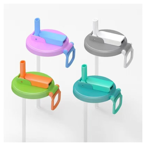 Capac anti-varsare pentru doze cu pai transparent rabatabil si maner transportabil, reutilizabil, compatibil universal 5.4 cm, albastru [3]