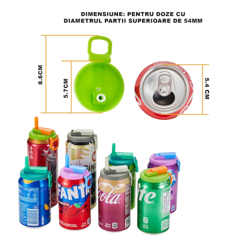 Capac reutilizabil anti-varsare pentru doze cu pai pliabil transparent si maner lateral, compatibil universal 5.4 cm, verde [1]
