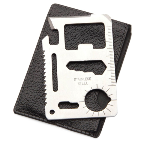 Card din metal inoxidabil, multifunctional, supravietuire si urgente, argintiu, cu husa de protectie [4]