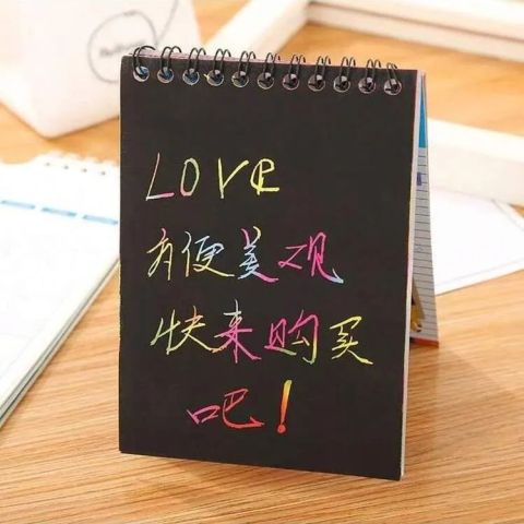 Carnetel creativ roz 20 x 14 cm, Rainbow Scratch Notes, 12 planse razuibile, efect curcubeu, creion din lemn inclus, pentru desen, joaca si activitati educative [2]