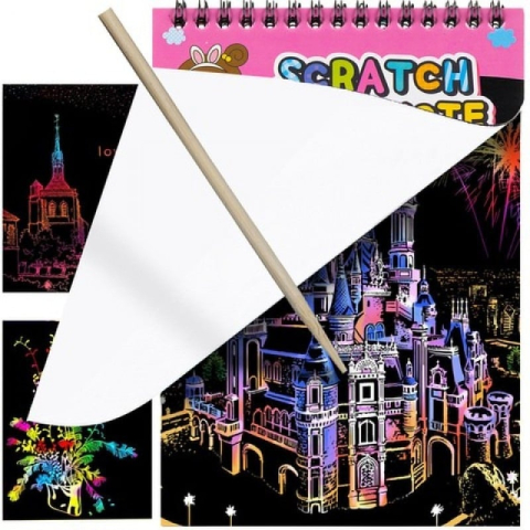 Carnetel creativ roz 20 x 14 cm, Rainbow Scratch Notes, 12 planse razuibile, efect curcubeu, creion din lemn inclus, pentru desen, joaca si activitati educative [3]